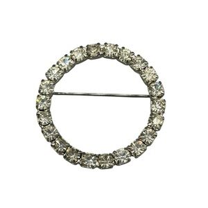 Vintage Rhinestone Circle Brooch | Silver Tone Art Deco Style
